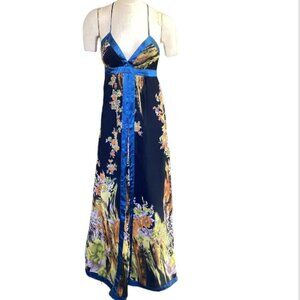 Double Zero Floral Chiffon Maxi Dress Satin Trim Sz M Straps Tie in Back #236G